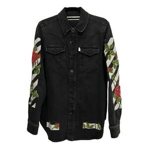 Off-White Main Label Black Denim Shirt Jacket W/ Rose Embroidery & Stripes SML